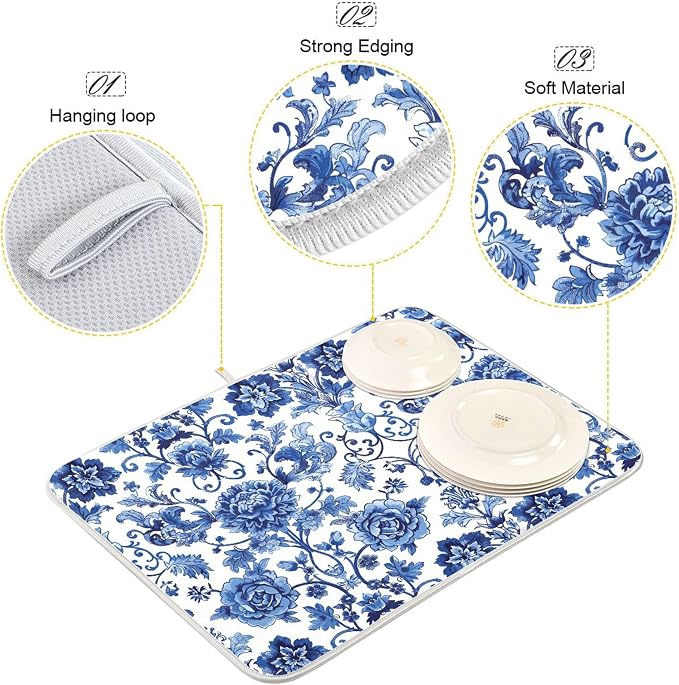 Blue White Porcelain Peony Dish Drying Mat - Image 4