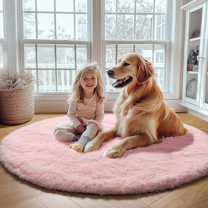 ONASAR Light Pink Round Area Rugs 6ft for Bedroom Living Room, Washable Fluffy Circle Rug for Kids Girls Boys Teen, Soft Plush Shaggy Carpet for Nursery Dorm Classroom Playroom Home Decor Aesthetic
