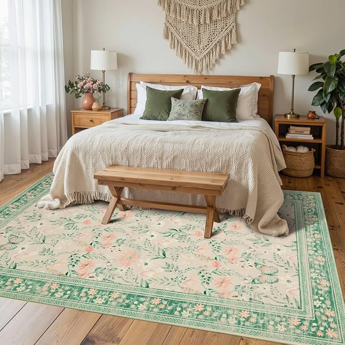 Floral Rug for Living Room Bedroom, 4x6 Washable Rug, Large Non Slip Low Pile - Image 2
