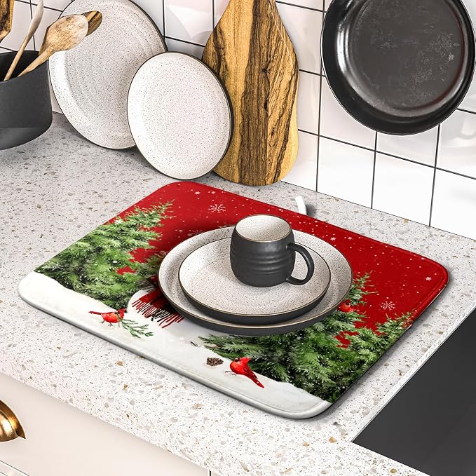 Christmas Dish Drying Mat for Kitchen Counter Snowman Green Christmas Tree - Image 5