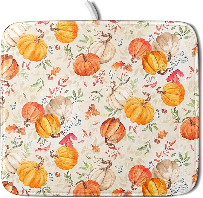 Autumn Fall Dish Drying Mat for Kitchen Counter Watercolor Pumpkin Maple Leaves by Sweetshow
