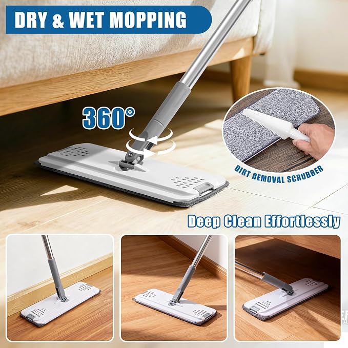 Flat Mop and Bucket Set with Floor Squeegee, Heavy Duty Scrub Brush, 2 Washable - Image 5