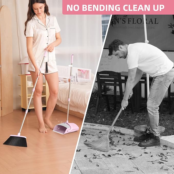 Pink Broom and Dustpan Set, 52” Long Adjustable Handle Broom - Image 8