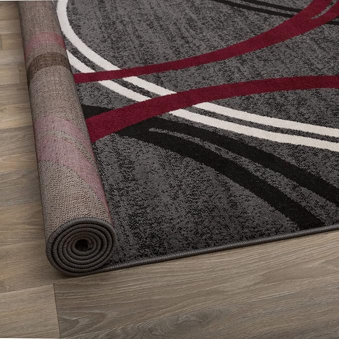 Rugshop Modern Wavy Circles Design Non-Shedding Round Rug, Carpet for Dining Room or Living Room, Red, 8' Round