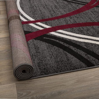 Rugshop Modern Wavy Circles Design Non-Shedding Round Rug, Carpet for Dining Room or Living Room, Red, 8' Round