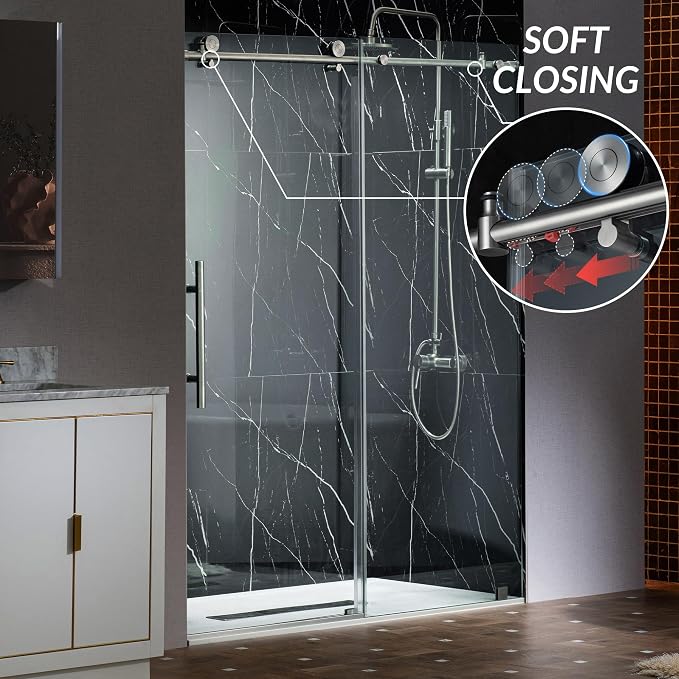 Woodbridge Frameless Single Sliding Shower Doors in Brushed Nickel Finish - Image 2