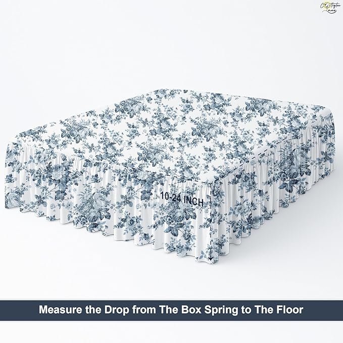 Cottington Lane Ruffled Bed Skirt King Size with Split Corner, Brushed Microfiber Hotel Quality Dust Ruffle, 24 Inch Drop Gathered Bedskirt, Soft, Stylish, Shrink & Fade Resistant, Blue Floral Bliss
