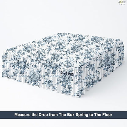 Cottington Lane Ruffled Bed Skirt King Size with Split Corner, Brushed Microfiber Hotel Quality Dust Ruffle, 24 Inch Drop Gathered Bedskirt, Soft, Stylish, Shrink & Fade Resistant, Blue Floral Bliss