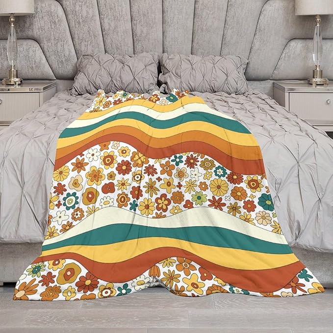 70s Retro Floral Throw Blanket, Boho Groovy Wavy Geometric Hippie Cute Flowers Yellow Orange Abstract Print Blanket for Holiday Theme Home Decor Bedding Couch and Gift 30"x40"