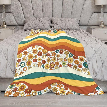 70s Retro Floral Throw Blanket, Boho Groovy Wavy Geometric Hippie Cute Flowers Yellow Orange Abstract Print Blanket for Holiday Theme Home Decor Bedding Couch and Gift 30"x40"