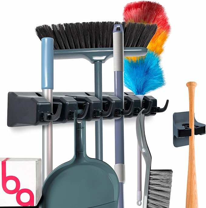 Combo 5 Slot Broom Holder w/ 1 Self Adhesive Mop Gripper No-Drilling, Wall by BerryAve