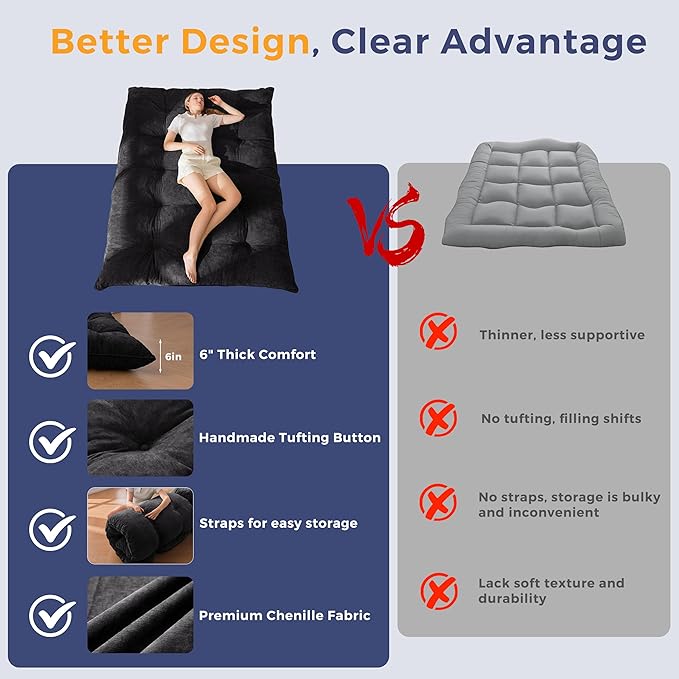 MAXYOYO Japanese Floor Mattress Queen Size, 6" Foldable Futon Mattress Tufted Roll Up Floor Bed, Thick Chenille Tatami Mat Sleeping Pad for Camping Guest Room Dormitory Bedroom RV, Black