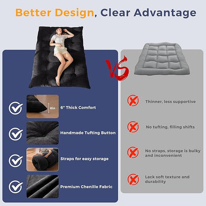 MAXYOYO Japanese Floor Mattress Queen Size, 6" Foldable Futon Mattress Tufted Roll Up Floor Bed, Thick Chenille Tatami Mat Sleeping Pad for Camping Guest Room Dormitory Bedroom RV, Black