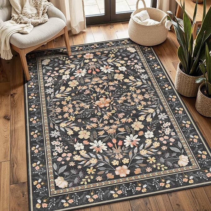 3x5 Rug for Entryway Bedroom, Floral Vintage Retro Boho Throw Rug, Non Slip & by Rugxara