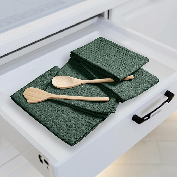 Olive Green Waffle Kitchen Towels, 100% Cotton, Fast Drying, Machine Washable - Image 3