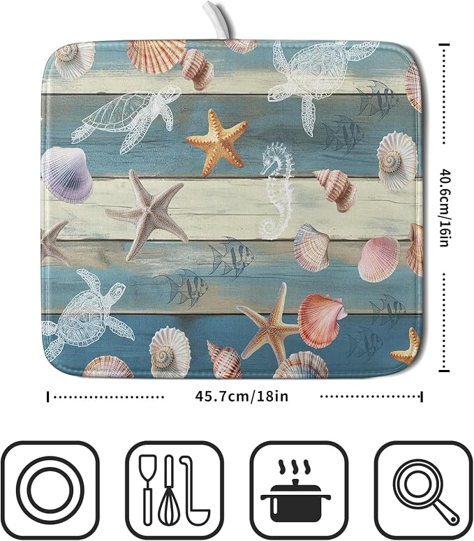 Giwawa Coastal Starfish Dish Drying Mat Summer Sea Turtle Drainer Rack Mat - Image 2