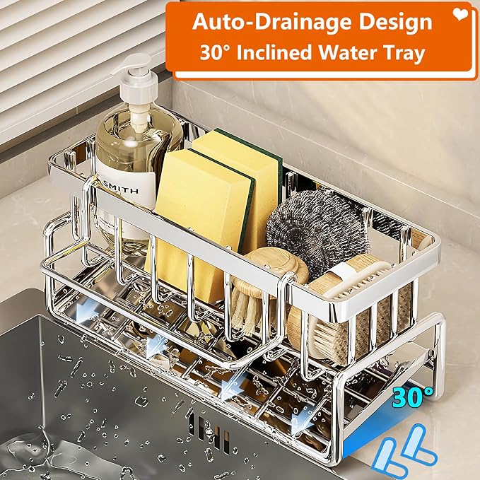 Sponge Holder for Kitchen Sink, Sink Caddy Organizers Stainless Steel, 30°Tilt - Image 2