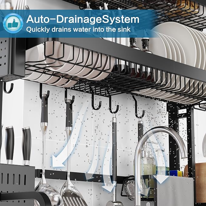 Over The Sink Dish Drying Rack, 3 Tier Adjustable Length Full Stainless Steel - Image 3