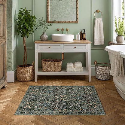 MUJOO 2x3 Washable Rug,Floral Small Area Rugs for Bathroom Entryway Entry Bedroom Bedside,Boho Front Door Mat Indoor Entrance Throw Carpet Botanical Vintage Non Slip Ultra-Thin Black and Green