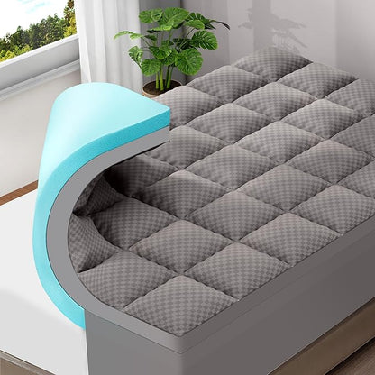 OLANLY Dual-Layer 4 Inch King Size Memory Foam Mattress Topper for Back Pain, 2 Inch Cooling Pillow Top Mattress Pad Cover and 2 Inch Gel Memory Foam Topper, Deep Elastic Pocket, Light Grey