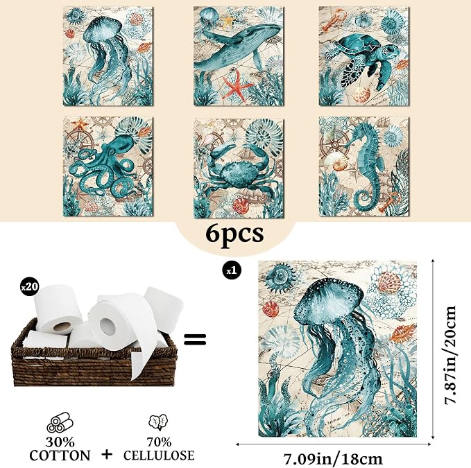 Blue Sea Swedish Dishcloths for Kitchen, 6 Pack Reusable Sea Animal Pattern - Image 2