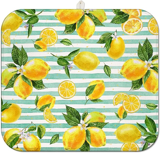 Lemon Dish Drying Mat for Kitchen Counter, Striped Background Yellow Lemon by Unknown