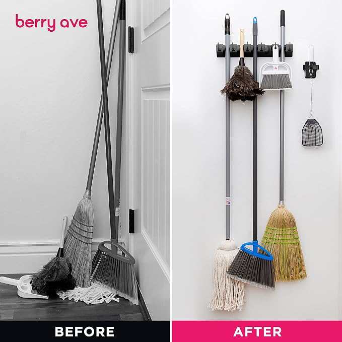 Combo 5 Slot Broom Holder w/ 1 Self Adhesive Mop Gripper No-Drilling, Wall - Image 7