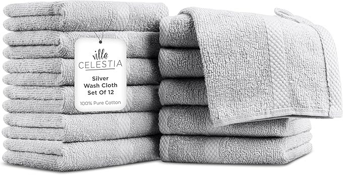 100% Cotton Wash Cloth for face & Body Set of 12, Sustainable, Highly Absorbent by VillaCelestia