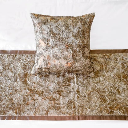The HomeCentric King/Queen/Twin Copper Designer King 90"x18" Bed Runner with 2 Pillow Cover, Beaded & Foil Bed Scarf on Silk Fabric - Aranka