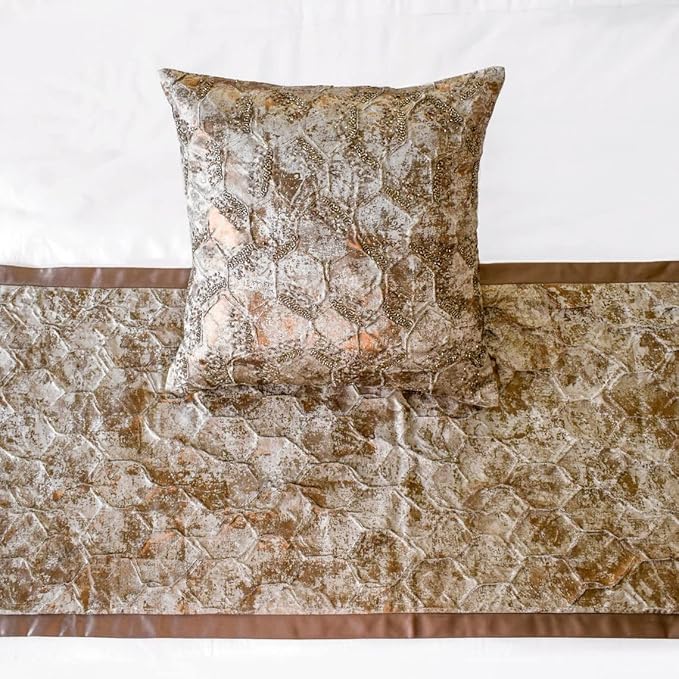 The HomeCentric King/Queen/Twin Copper Designer King 90"x18" Bed Runner Without Pillow Cover, Beaded & Foil Bed Scarf on Silk Fabric - Aranka