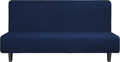 Easy-Going Stretch Futon Slipcover Armless Futon Bed Cover Furniture Protector Without Armrests with Elastic Bottom for Kids, Soft Jacquard Fabric Small Checks (Large, Navy)