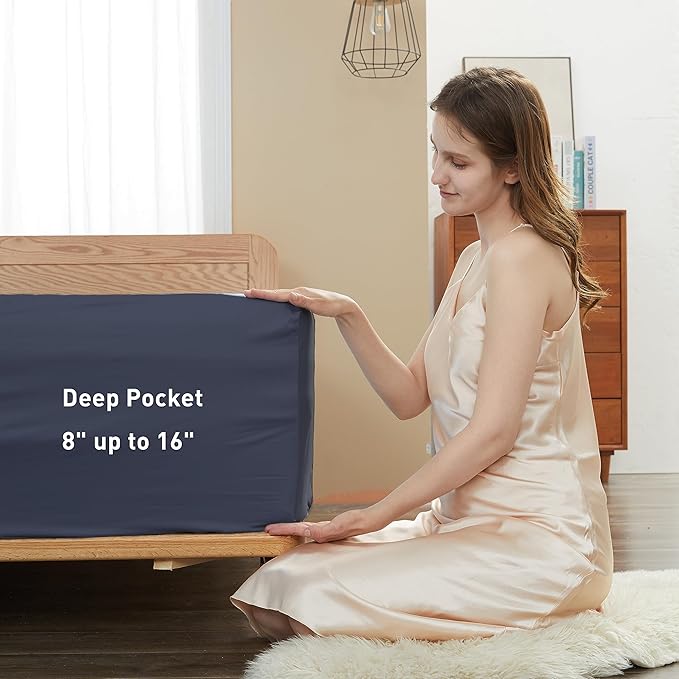 Sunflower California King Fitted Sheet, 1-Piece Deep Pocket Fitted Bottom Sheet 16", 100% Cotton Sateen Soft Breathable, Blue Indigo
