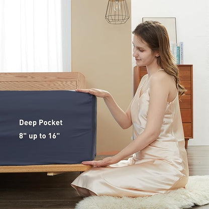 Sunflower California King Fitted Sheet, 1-Piece Deep Pocket Fitted Bottom Sheet 16", 100% Cotton Sateen Soft Breathable, Blue Indigo