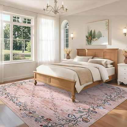 GarveeHome 5x7 Washable Floral Area Rugs for Living Room: Modern Floral Non Slip Large Area Rugs for Bedroom, Large Machine Washable Living Room Low Pile Carpet with Non-Slip Backing Pink 5 ft x7 ft.