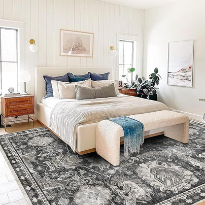 RUGSURE 5x7 Washable Area Rugs - Perfect Resistant Rug for Living Room, Bedroom, Kids Room, Nursery - Stain & Water Resistant Non-Slip, Pet & Child Friendly, Vintage Tribal Area Rugs (Grey, 5'x7')