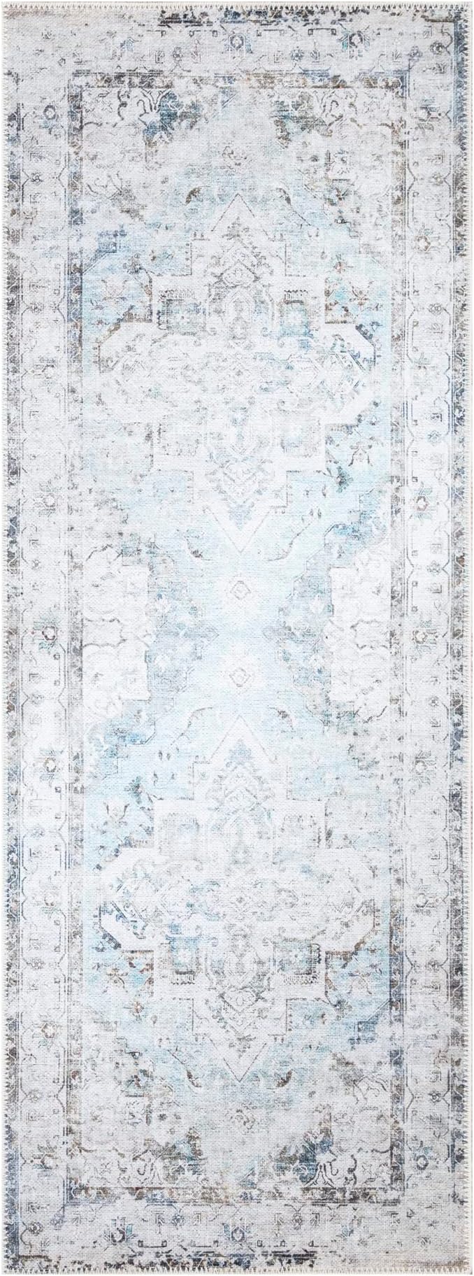 Bloom Rugs Washable Non-Slip 10 ft Runner - Beige/Blue Traditional Runner for Entryway, Hallway, Bathroom, and Kitchen - Exact Size: 2.5' x 10'