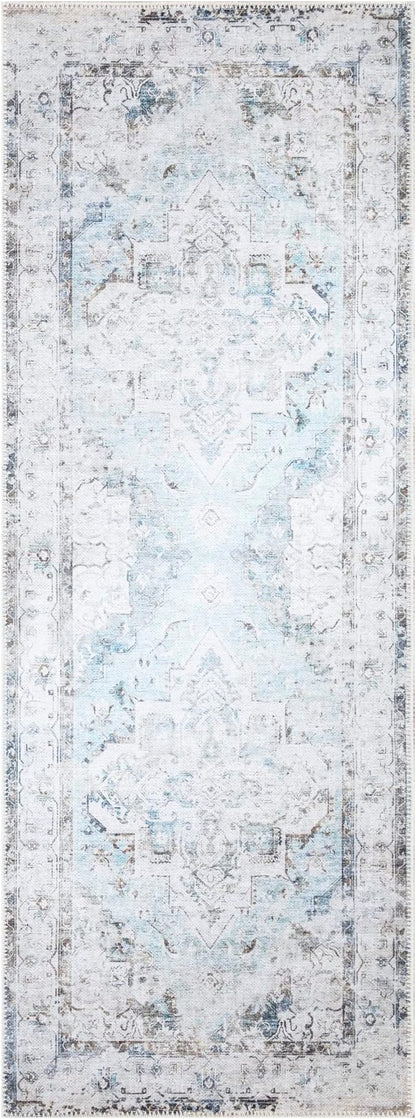 Bloom Rugs Washable Non-Slip 10 ft Runner - Beige/Blue Traditional Runner for Entryway, Hallway, Bathroom, and Kitchen - Exact Size: 2.5' x 10'