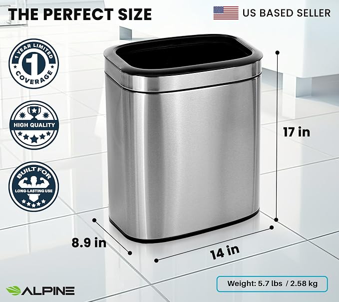 Alpine Stainless Steel Open Top Trash Can 5 Gallon - 20L Garbage Can - Image 4