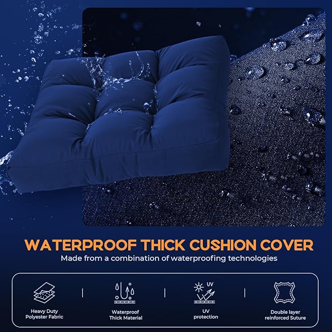 Waterproof Outdoor Chair Cushions Set of 2, Patio Cushions for Outdoor Furniture Water-Resistant & Fade-Resistant, Deep Seat & Back Cushion for Chair Sofa, 22x22 Inch (Navy)