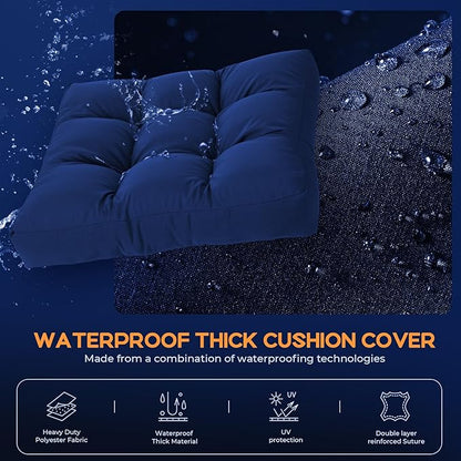 Waterproof Outdoor Chair Cushions Set of 2, Patio Cushions for Outdoor Furniture Water-Resistant & Fade-Resistant, Deep Seat & Back Cushion for Chair Sofa, 22x22 Inch (Navy)