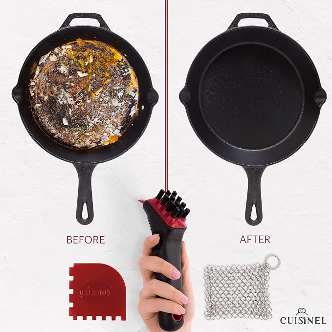 Cuisinel Cast Iron Scrubber Cleaning Brush + Stainless Steel Chainmail + Pan - Image 3