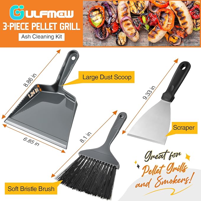 3 Piece Pellet Grill Ash Cleaning Kit, Includes Large Dust Pan, Soft Bristle - Image 2