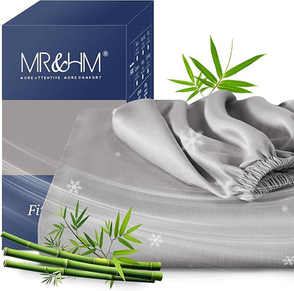 MR&HM Twin XL Fitted Sheet Only, Ultra-Soft Rayon Derived from Bamboo & Polyester Blend, Silky & Breathable, 15" Deep Pocket with Elastic Straps, Cooling Fitted Sheet for Hot Sleepers, Silver Grey