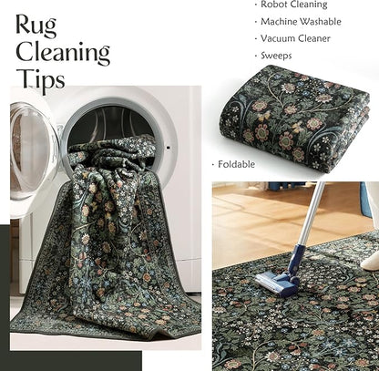 MUJOO 2x3 Washable Rug,Floral Small Area Rugs for Bathroom Entryway Entry Bedroom Bedside,Boho Front Door Mat Indoor Entrance Throw Carpet Botanical Vintage Non Slip Ultra-Thin Black and Green