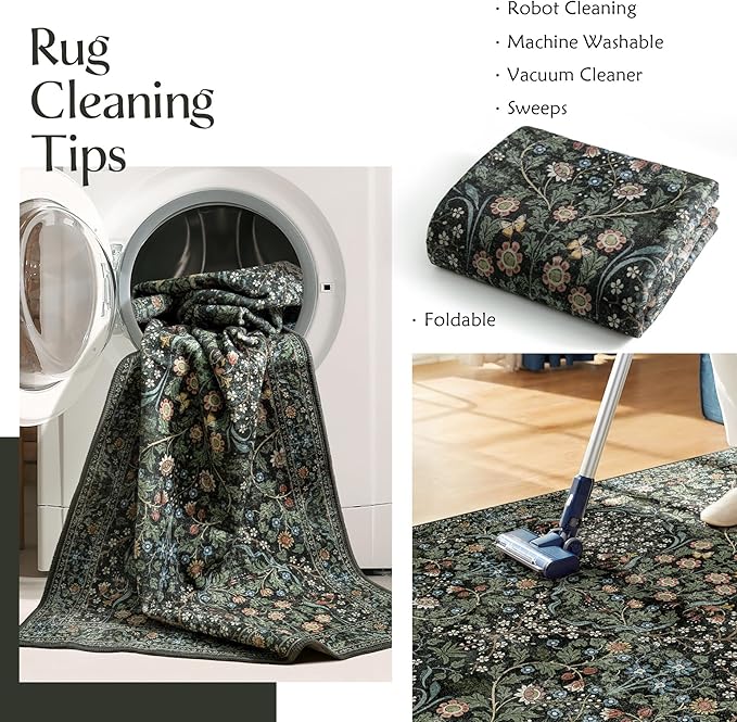 MUJOO 8x10 Area Rugs,Floral Washable Rugs for Living Room Dining Room Bedroom,Large Throw Carpet,Boho Non Slip Indoor Floor Big Soft Botanical Vintage Ultra-Thin Black and Green