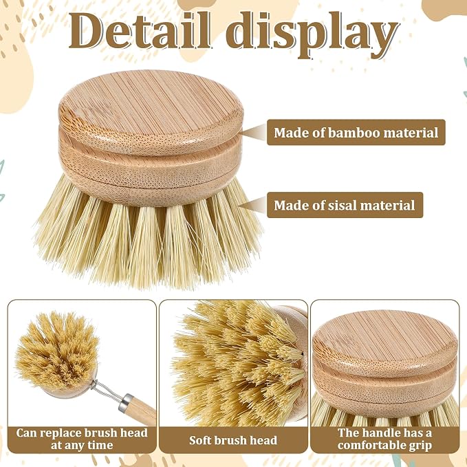 6 Pcs Bamboo Dish Brush Replacement Heads, 1.9 x 1.6 Inch Natural Sisal Bristle - Image 3