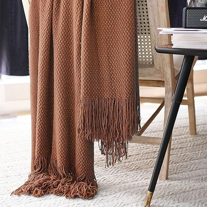 LOMAO Knitted Throw Blanket with Tassels Bubble Textured Lightweight Throws for Couch Cover Home Decor (Caramel, 50x60)