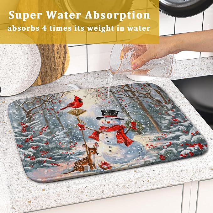 Winter Snowman Dish Drying Mat for Kitchen Counter Red Bird Berry Dishes - Image 7