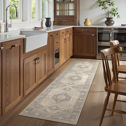 Lahome Oriental Washable Rug Runner, 2x8 Ultra-Thin Hallway Runner Rug with Rubber Backing, Distressed Non Skid Long Carpet for Kitchen Entryway Laundry Room, Grey/Brown