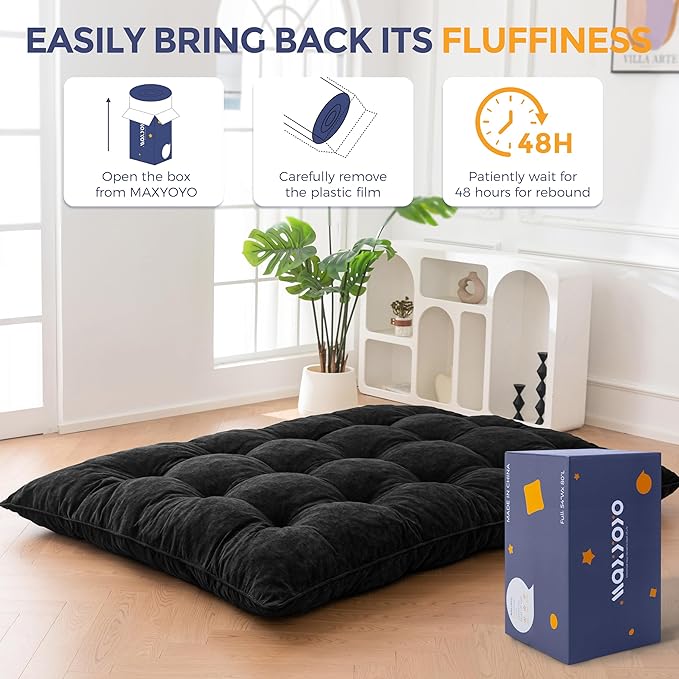 MAXYOYO Japanese Floor Mattress Queen Size, 6" Foldable Futon Mattress Tufted Roll Up Floor Bed, Thick Chenille Tatami Mat Sleeping Pad for Camping Guest Room Dormitory Bedroom RV, Black